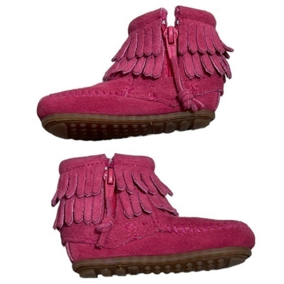 Minnetonka hot pink double fringe boots baby girl size 3 - Picture 6 of 10